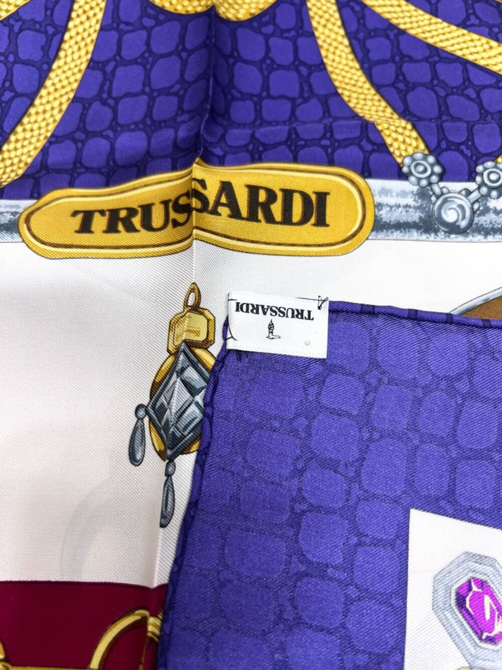 New- Beautiful Trussardi 100% silk Scarf satin 35" Purple Blue White Gold (17 - Picture 14 of 16